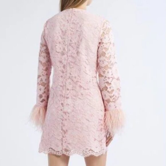 Likely Lorie Feather Trim Long Sleeve Lace Mini Dress in Rose Shadow NWT - Picture 3 of 11
